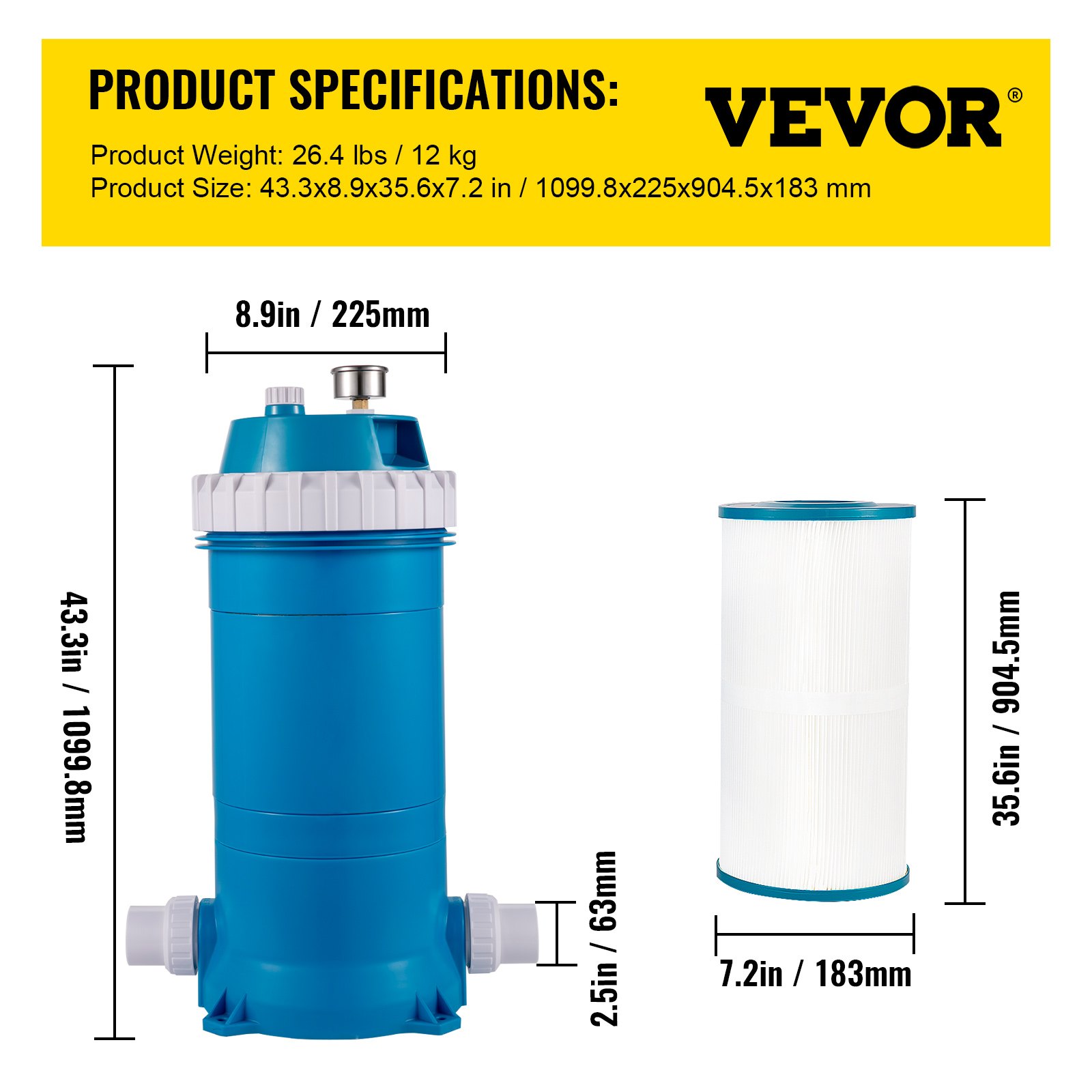 VEVOR pool cartridge filter dimensions: 43.3in x 8.9in, 35.6in filter cartridge.