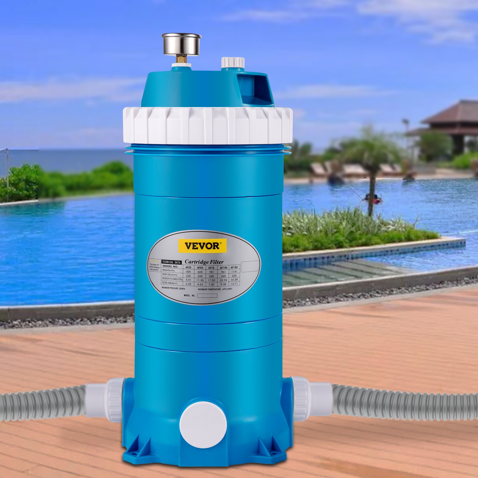 VEVOR pool cartridge filter placed by a luxurious pool with a scenic background.