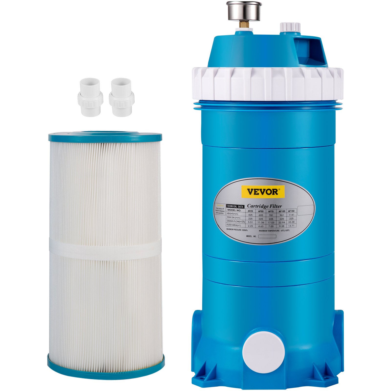 VEVOR pool cartridge filter with blue housing and white replacement cartridge.