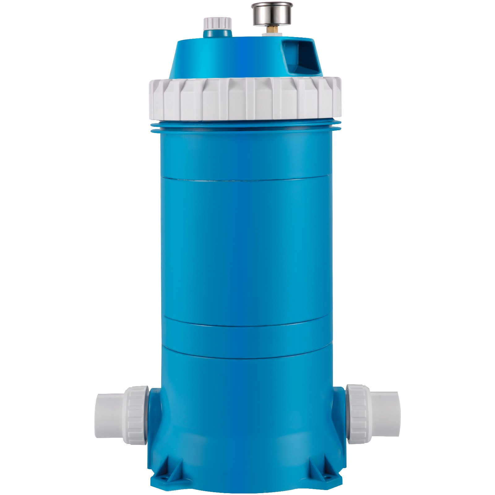 blue VEVOR pool cartridge filter with white fittings and top pressure gauge.