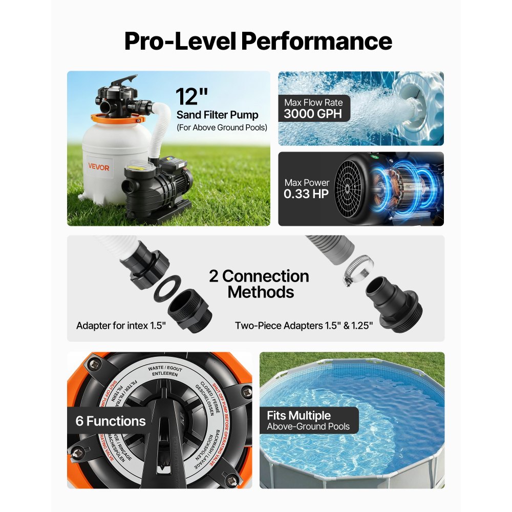 VEVOR 12 in Sand Filter Pump for Above Ground Pool, 0.33 HP 3000 GPH, Swimming Pool Sand Filter Pump with Pre-Assembled & Leak-Resistant Design, 6-Way Valve, High-Efficiency Filtration for Pools