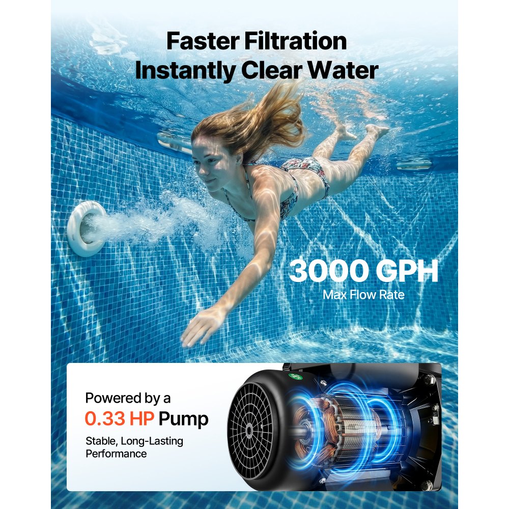 VEVOR 12 in Sand Filter Pump for Above Ground Pool, 0.33 HP 3000 GPH, Swimming Pool Sand Filter Pump with Pre-Assembled & Leak-Resistant Design, 6-Way Valve, High-Efficiency Filtration for Pools