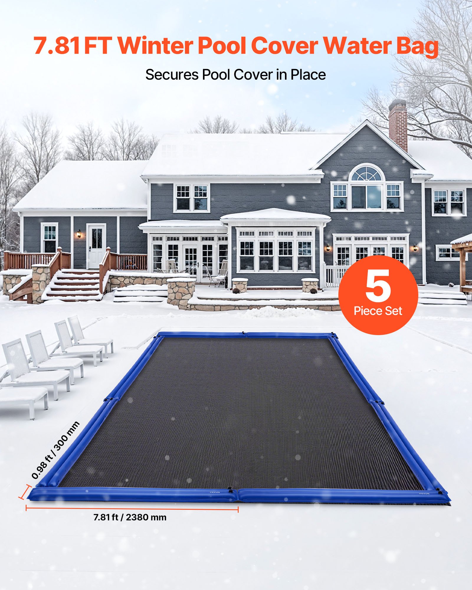 VEVOR Pool Cover Water Bags, 5 Packs 2380 mm, Double Chamber Pool Cover Water Tubes, 0.4mm Thick PVC Bags Weights with Leakproof Screw Cap, for Inground Swimming-Pool Covers Winter Closing, Blue