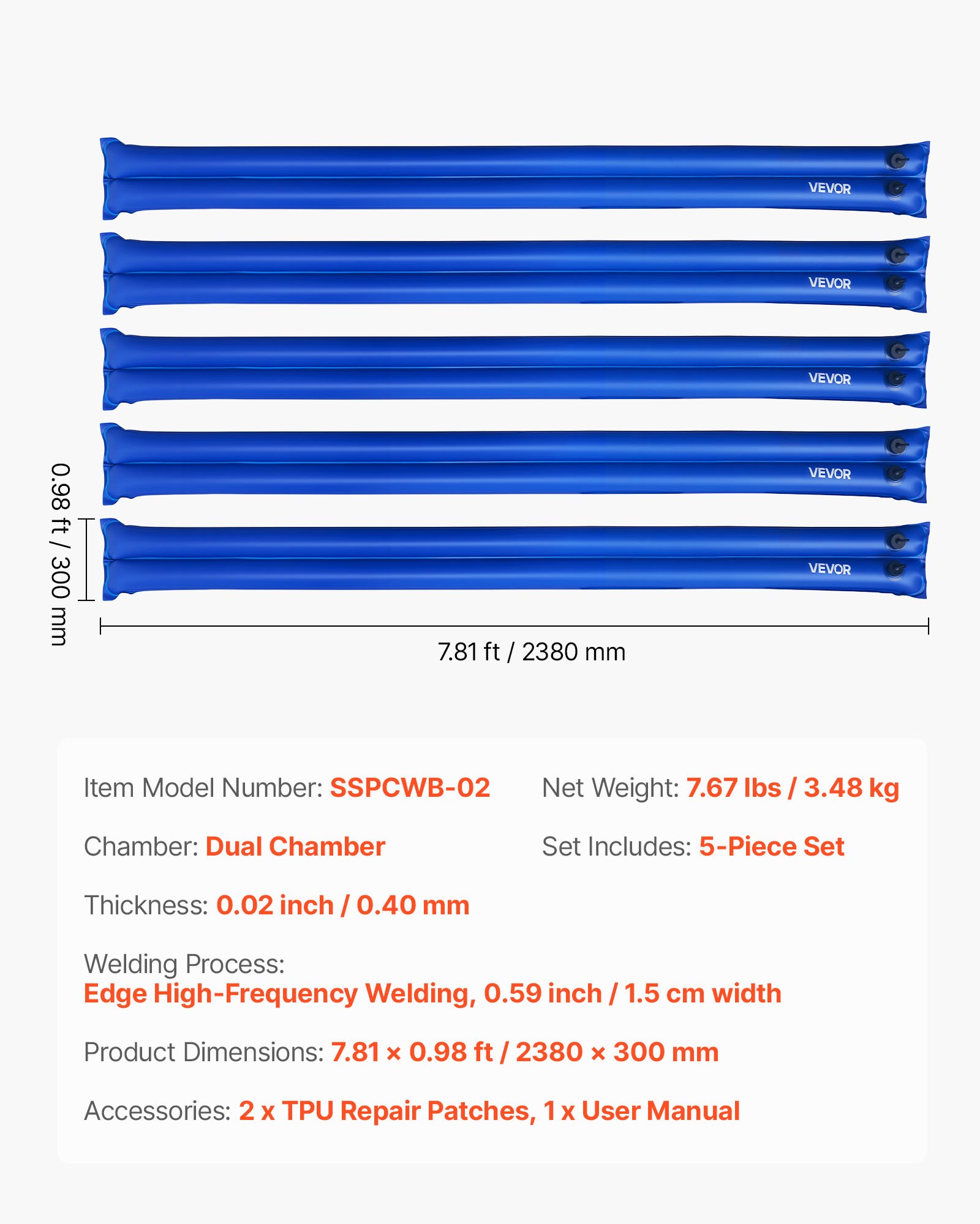 VEVOR Pool Cover Water Bags, 5 Packs 2380 mm, Double Chamber Pool Cover Water Tubes, 0.4mm Thick PVC Bags Weights with Leakproof Screw Cap, for Inground Swimming-Pool Covers Winter Closing, Blue