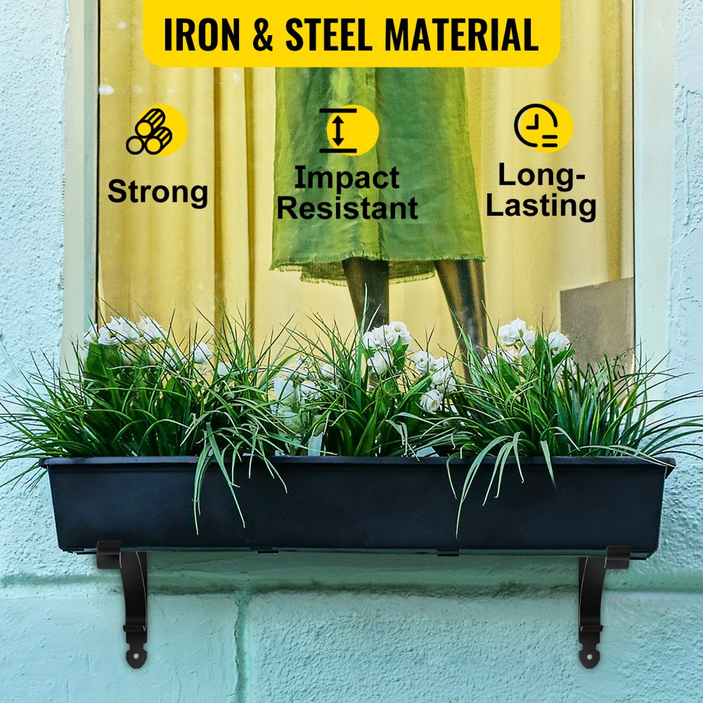 VEVOR 2 PCS Window Box Brackets 88lbs Planter Box Brackets 24 x 10.5 x 10 in Black Planter Mounting Bracket Iron Material Black Window Box Hanger Bracket for Flower Box Durable Window Box Holder