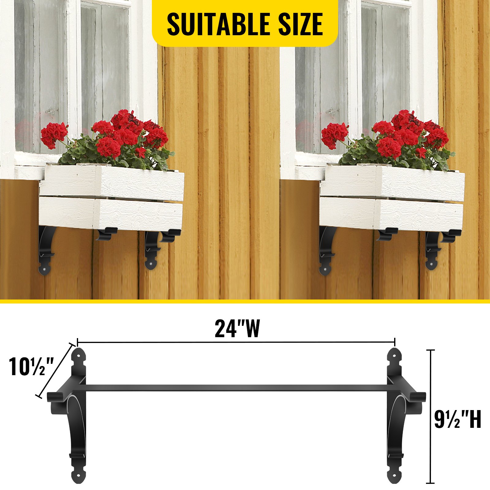 VEVOR 2 PCS Window Box Brackets 88lbs Planter Box Brackets 24 x 10.5 x 10 in Black Planter Mounting Bracket Iron Material Black Window Box Hanger Bracket for Flower Box Durable Window Box Holder