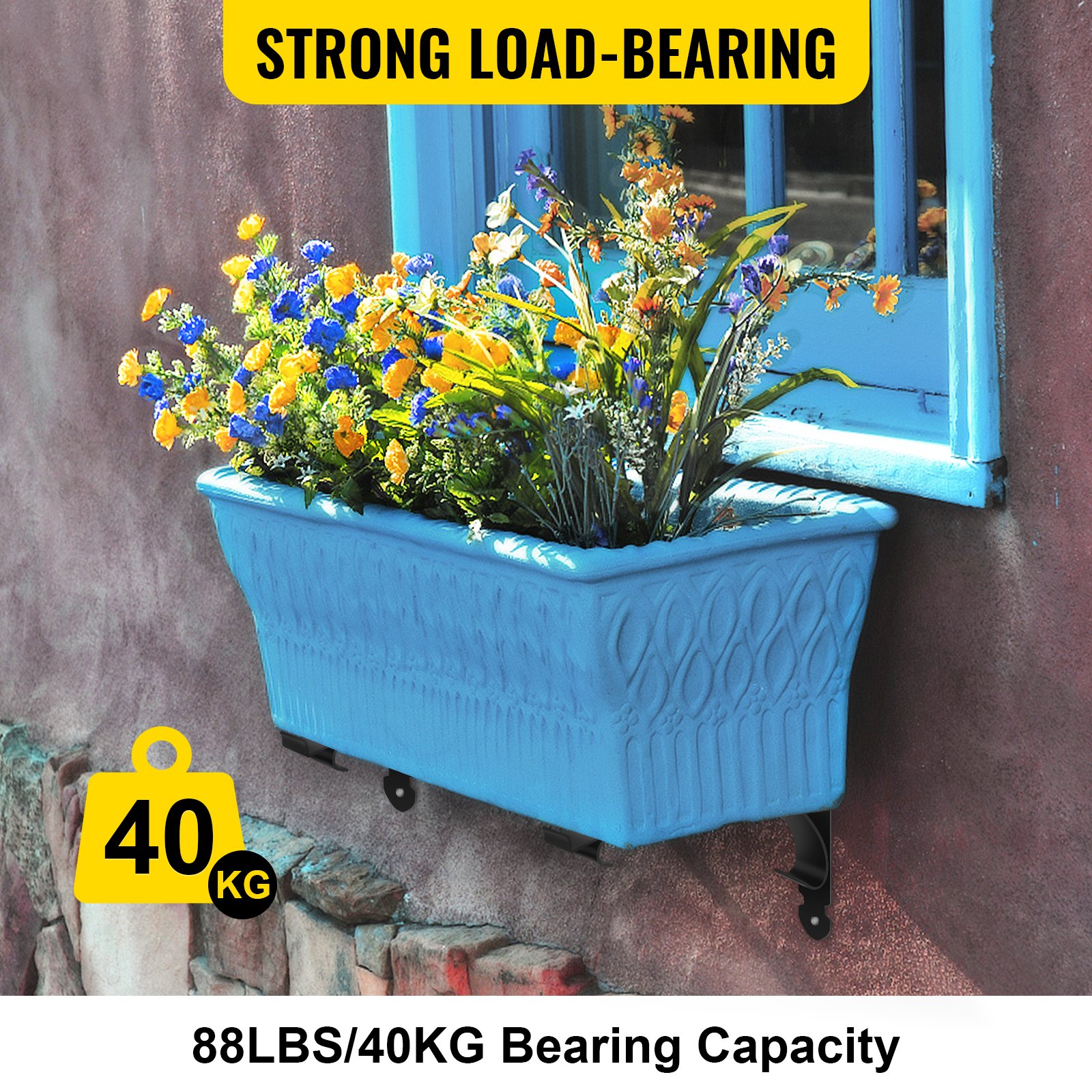 VEVOR 2 PCS Window Box Brackets 88lbs Planter Box Brackets 24 x 10.5 x 10 in Black Planter Mounting Bracket Iron Material Black Window Box Hanger Bracket for Flower Box Durable Window Box Holder