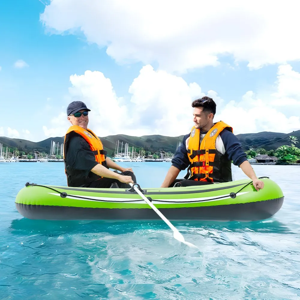 two people rowing a VEVOR inflatable fishing boat in clear blue water on a sunny day, wearing life vests.
