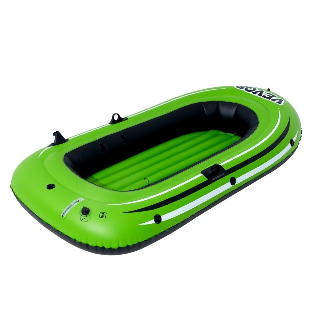 green VEVOR inflatable fishing boat with black interior and striped accents, top view.