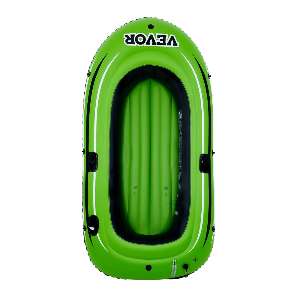 green VEVOR inflatable fishing boat with black interior and white accents. top view. durable material.