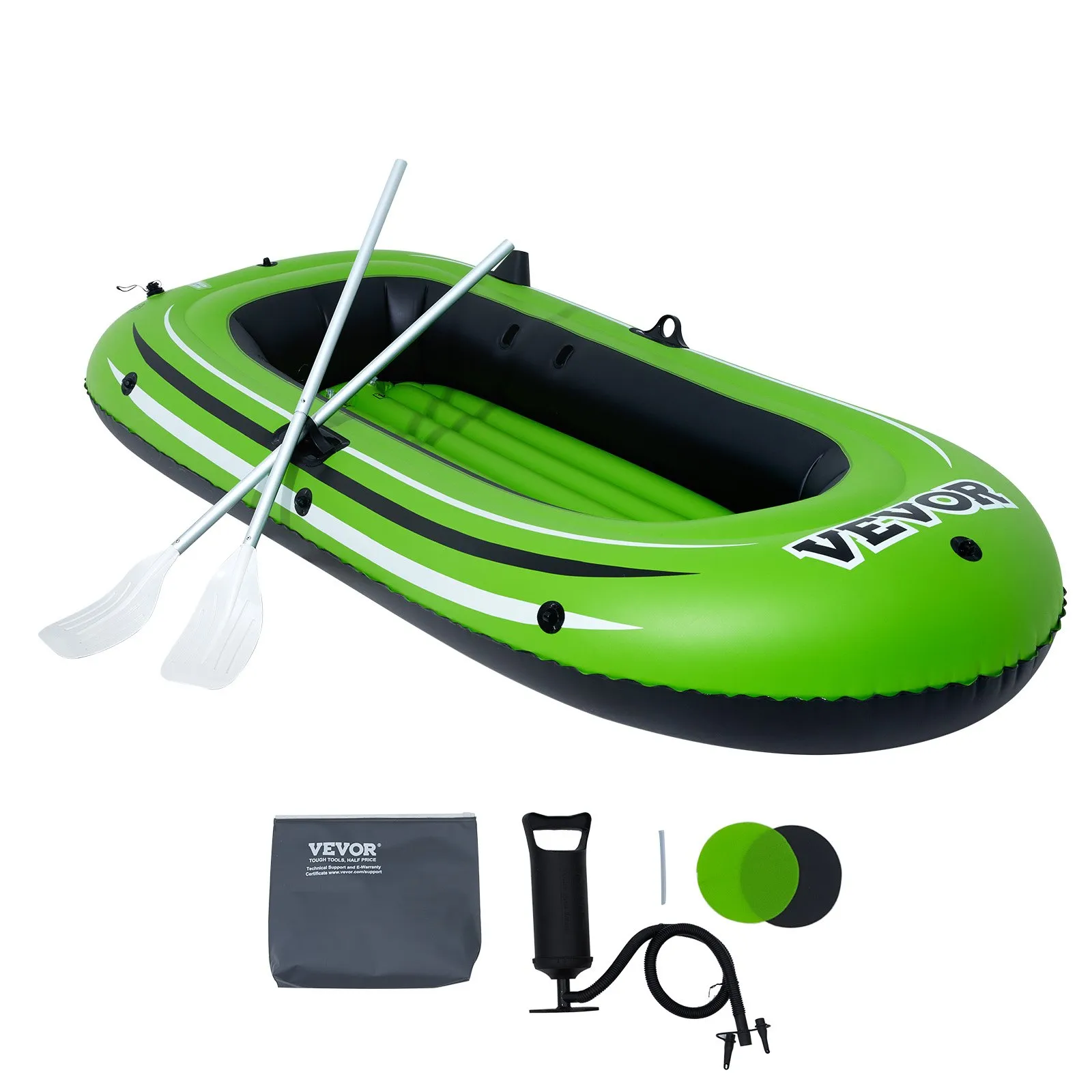 VEVOR inflatable fishing boat in green with accessories: pump, paddles, repair patches, and carry bag.