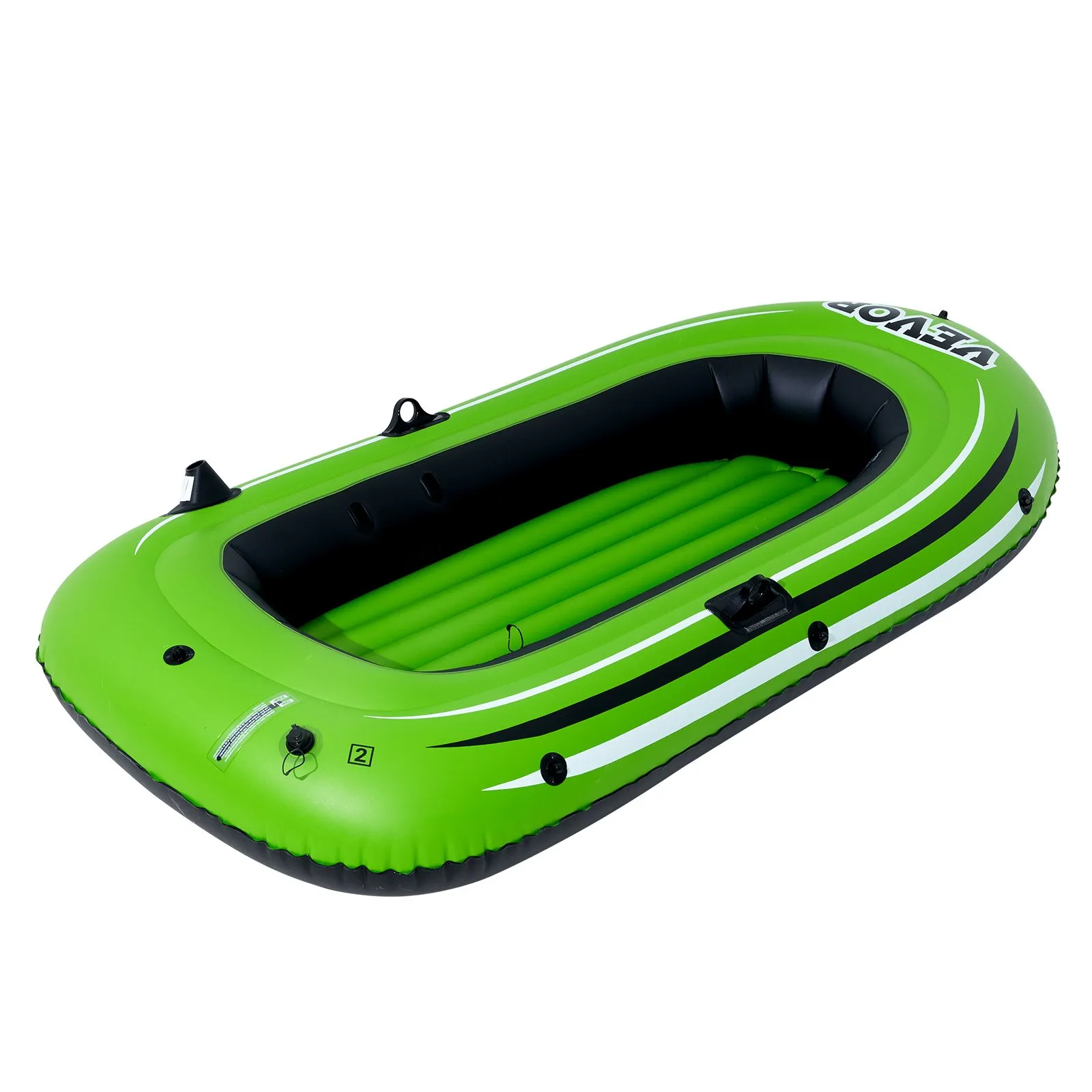 green VEVOR inflatable fishing boat with black interior and striped accents, top view.