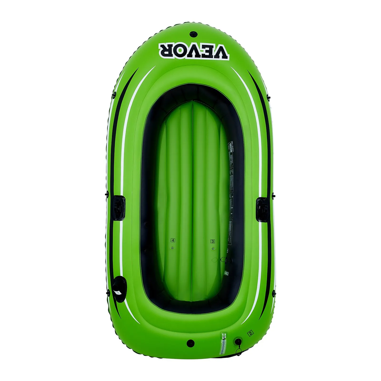 green VEVOR inflatable fishing boat with black interior and white accents. top view. durable material.