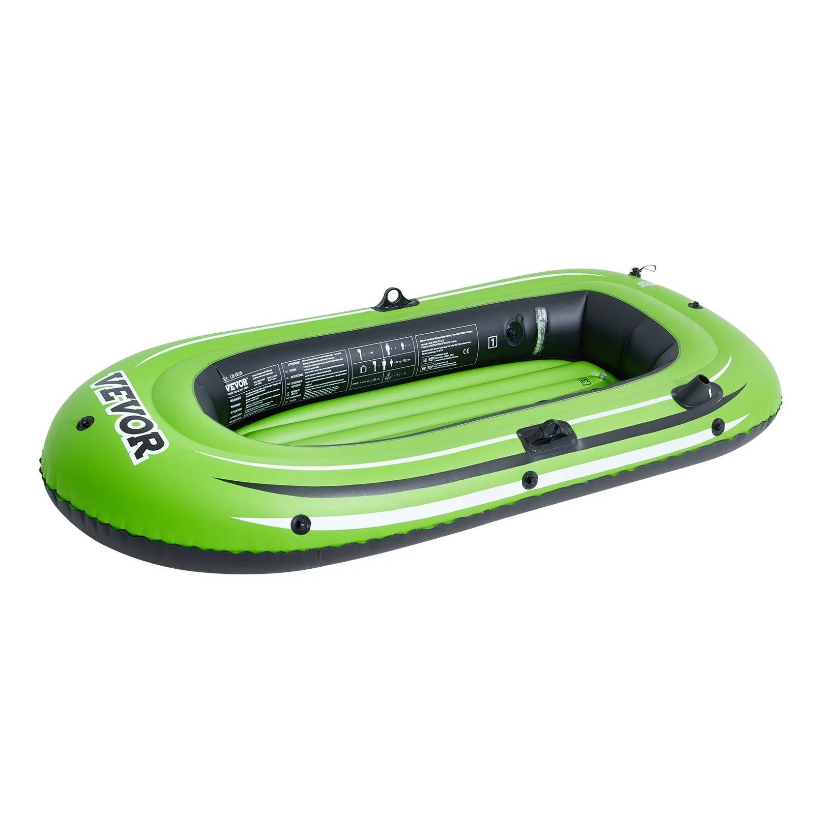 green VEVOR inflatable fishing boat with black and white accents, side handles, and a security valve.