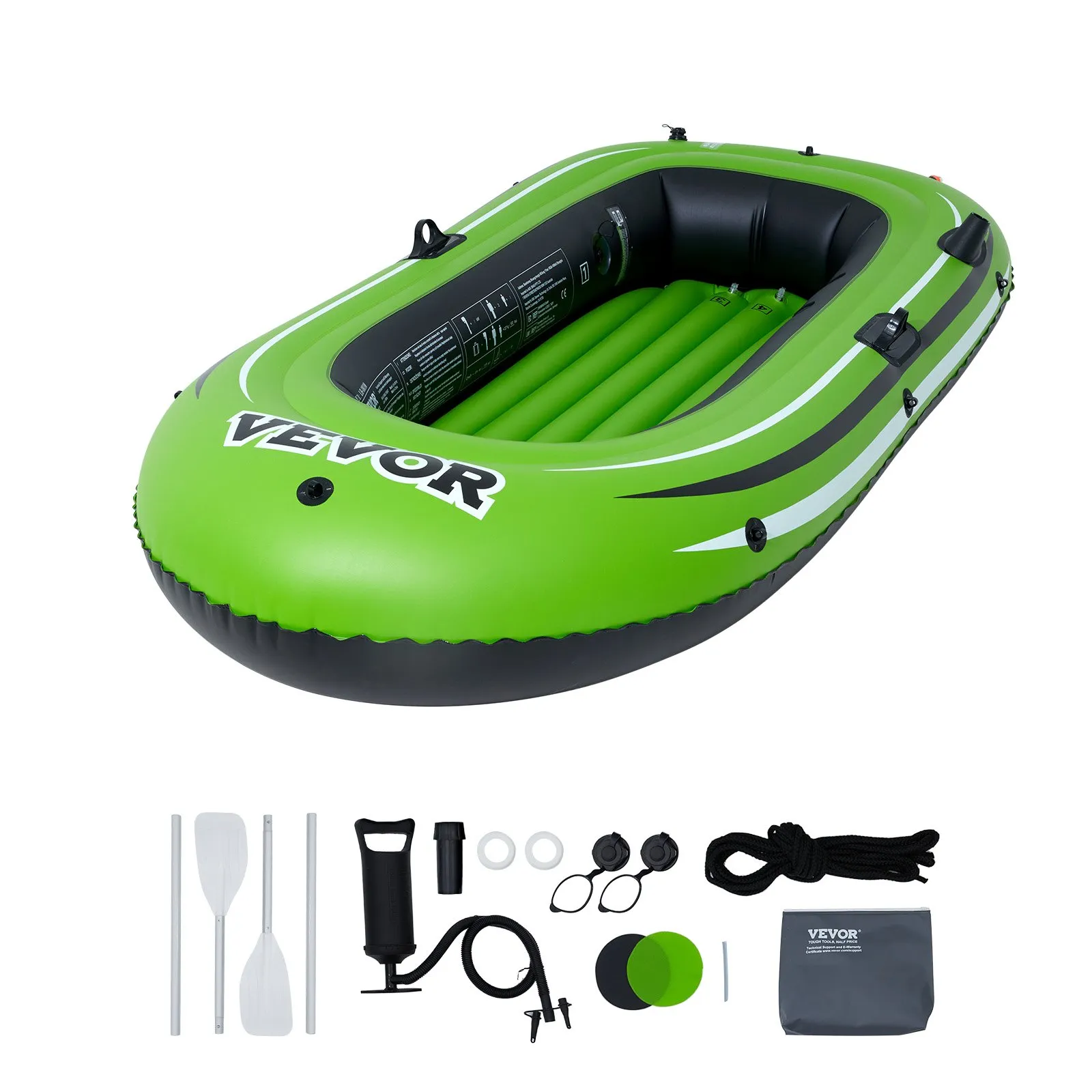 VEVOR inflatable fishing boat in green with accessories including paddles, pump, and repair kit