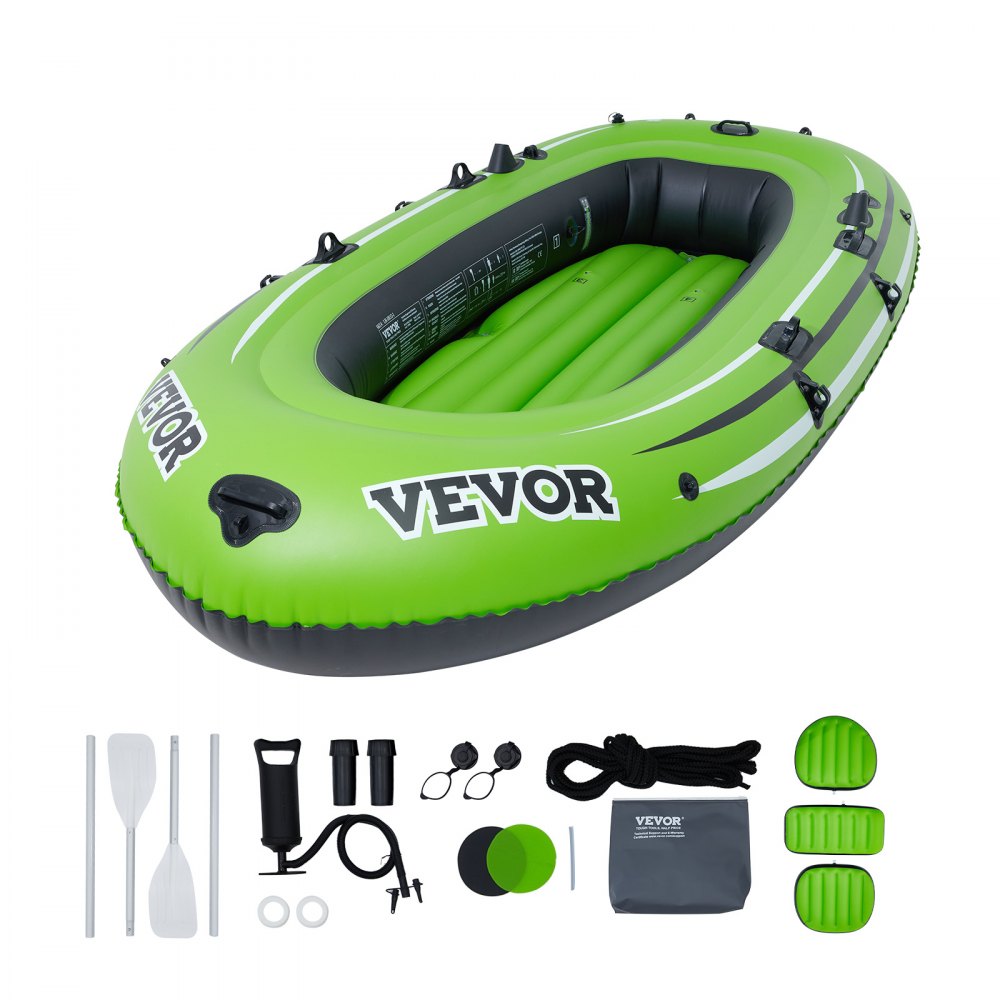 VEVOR Inflatable Boat, 3-Person Inflatable Fishing Boat, Strong PVC Portable Boat Raft Kayak, 45.6" Aluminum Oars, High-Output Pump, Fishing Rod Holders, and 2 Seats, 1100 lb Capacity for Adults, Kids