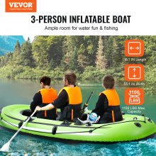 VEVOR Inflatable Boat, 3-Person Inflatable Fishing Boat, Strong PVC Portable Boat Raft Kayak, 45.6" Aluminum Oars, High-Output Pump, Fishing Rod Holders, and 2 Seats, 1100 lb Capacity for Adults, Kids