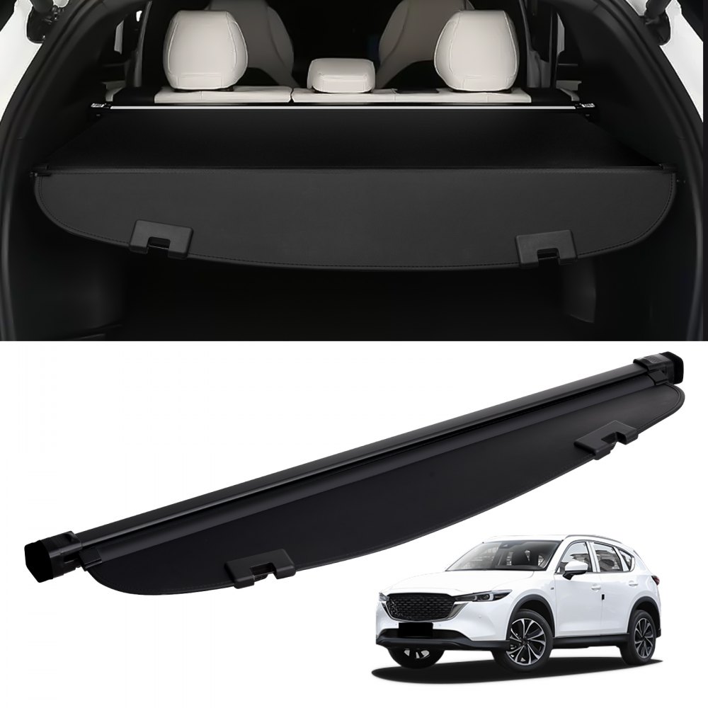 Cache-bagages VEVOR pour Mazda CX-5 en noir, présenté à l'intérieur du coffre et séparément, avec Mazda CX-5 blanche.