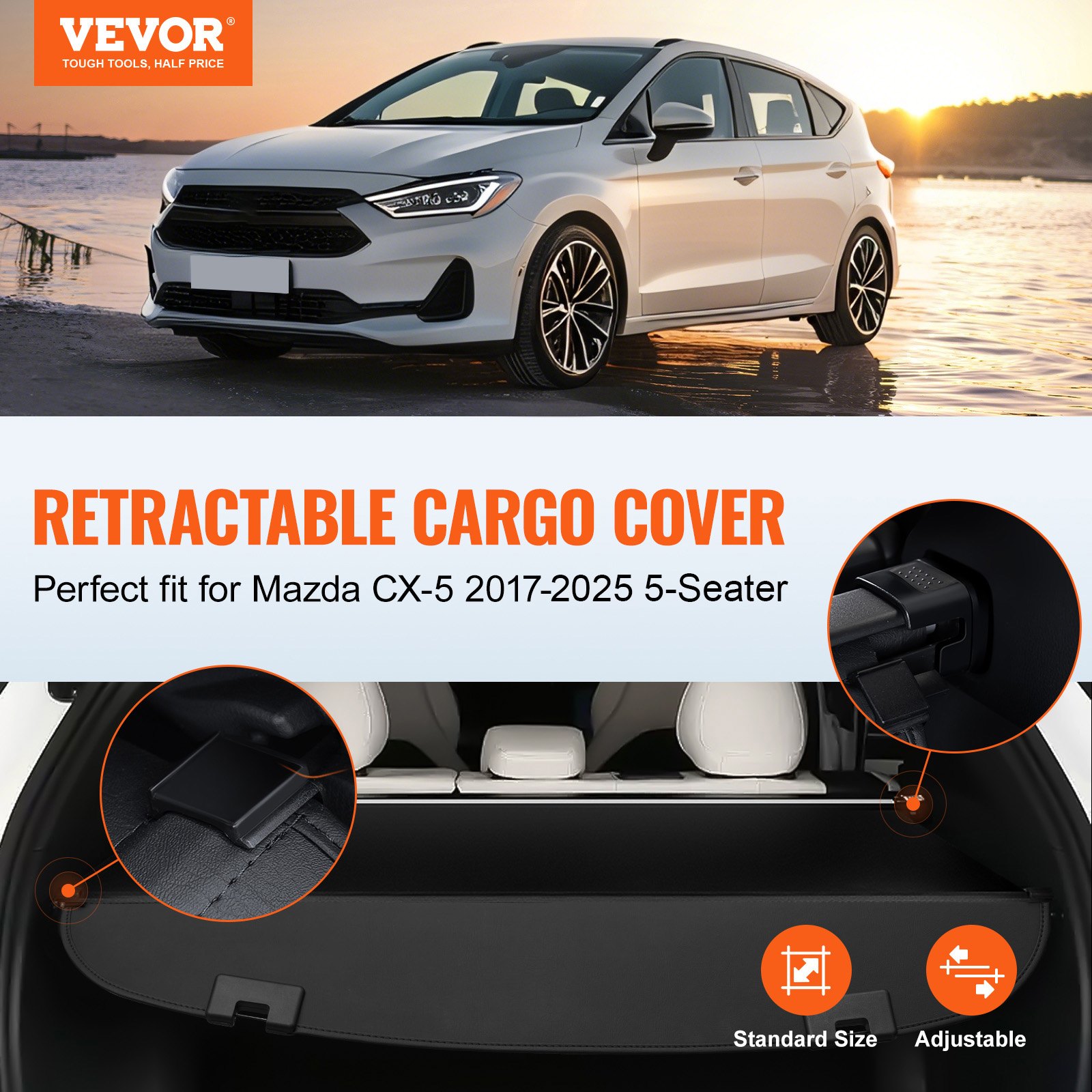 VEVOR Retractable Cargo Cover for Mazda, Upgraded Waterproof Trunk Cover Security Shield Shade for Mazda CX-5 2017-2025 5-Seater, UV Resistant Rear Trunk Cover, Aluminum Alloy & PVC Leather Texture