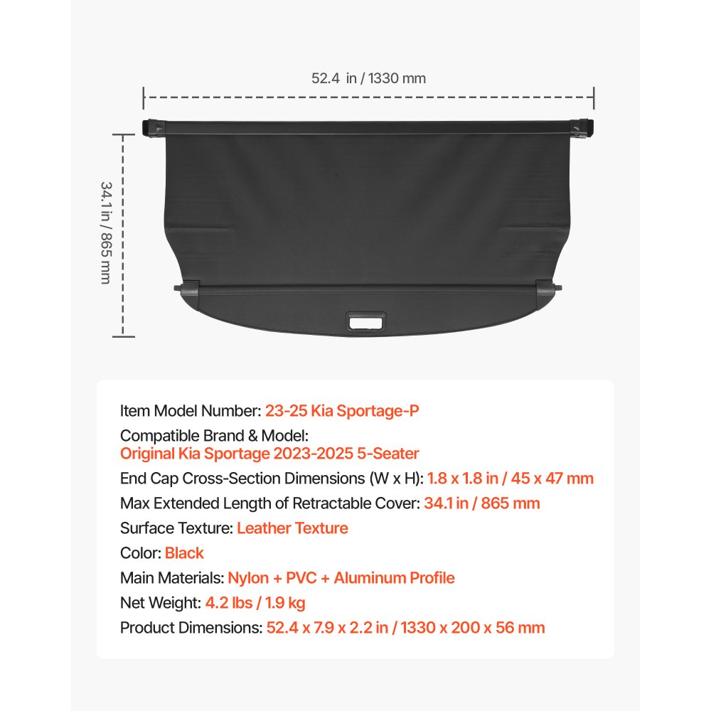 VEVOR Retractable Cargo Cover, Premium Leather Texture Trunk Cover, Anti-Peeping Luggage Privacy Shield, Easy Installation Security Shade, Car Accessories, for Kia Sportage 2023-2025 5-Seater