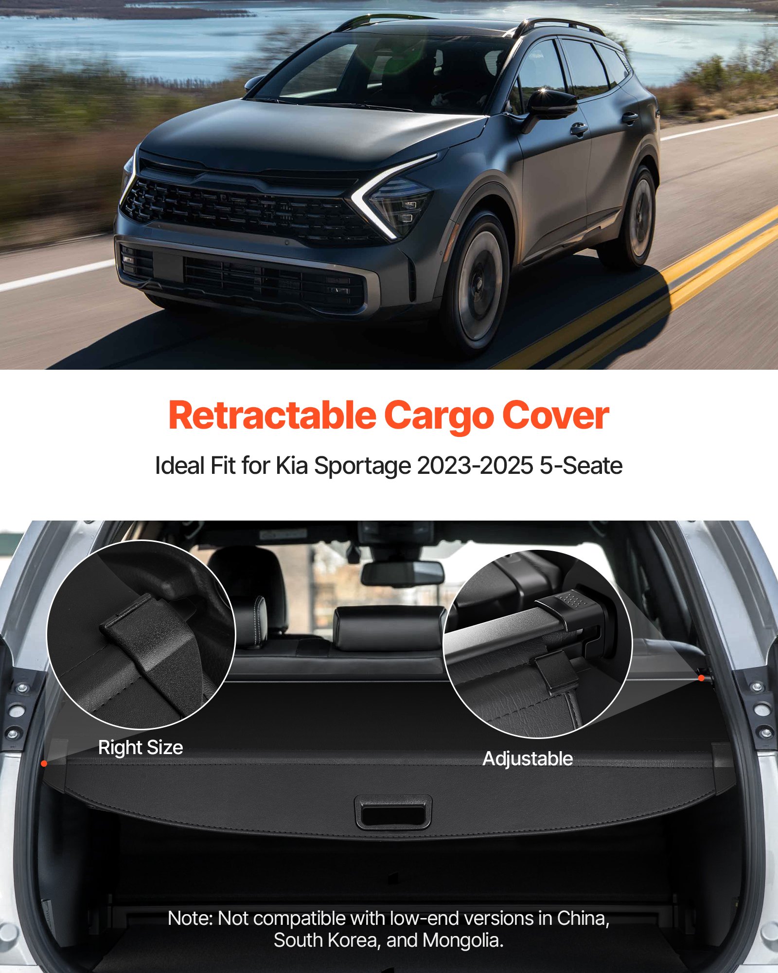 VEVOR Retractable Cargo Cover, Premium Leather Texture Trunk Cover, Anti-Peeping Luggage Privacy Shield, Easy Installation Security Shade, Car Accessories, for Kia Sportage 2023-2025 5-Seater