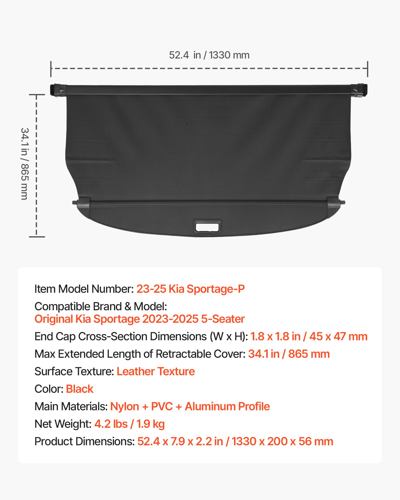 VEVOR Retractable Cargo Cover, Premium Leather Texture Trunk Cover, Anti-Peeping Luggage Privacy Shield, Easy Installation Security Shade, Car Accessories, for Kia Sportage 2023-2025 5-Seater