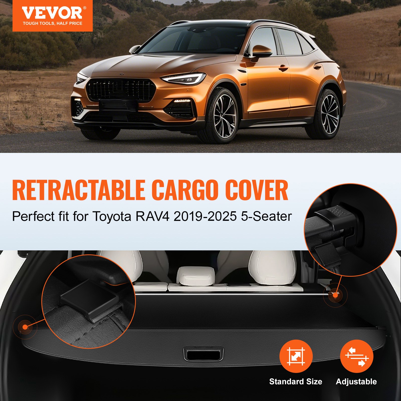 VEVOR Retractable Cargo Cover for Toyota, Upgraded Waterproof Trunk Cover Security Shield Shade for Toyota RAV4 2019-2025 5-Seater, UV Resistant Rear Trunk Cover, Aluminum Alloy & PVC Leather Texture