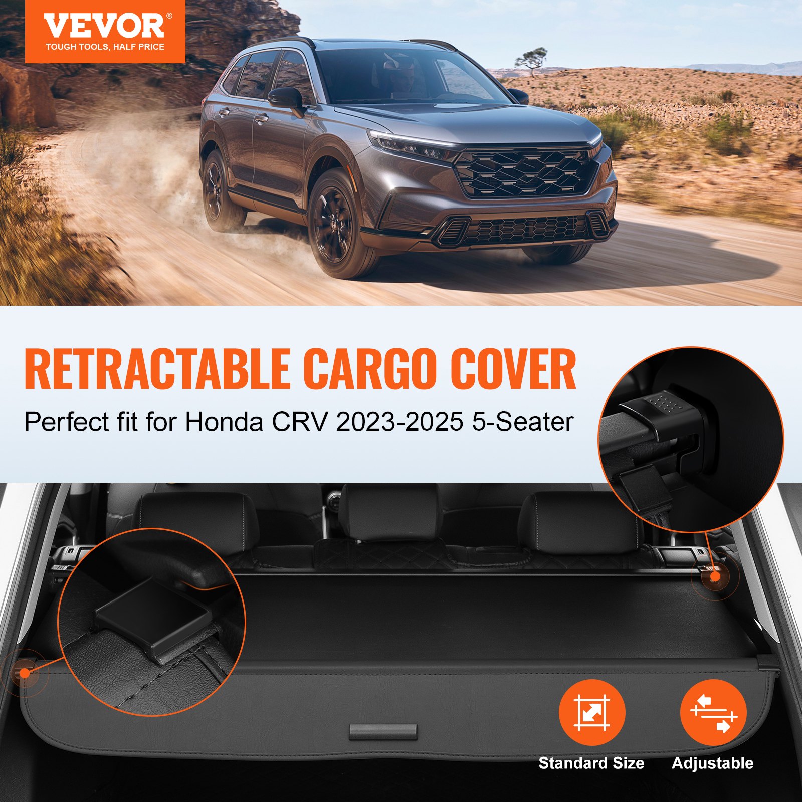 VEVOR Retractable Cargo Cover for Honda, Upgraded Waterproof Trunk Cover Security Shield Shade for Honda CRV 2023-2025 5-Seater, UV Resistant Rear Trunk Cover with Aluminum Alloy & PVC Leather Texture