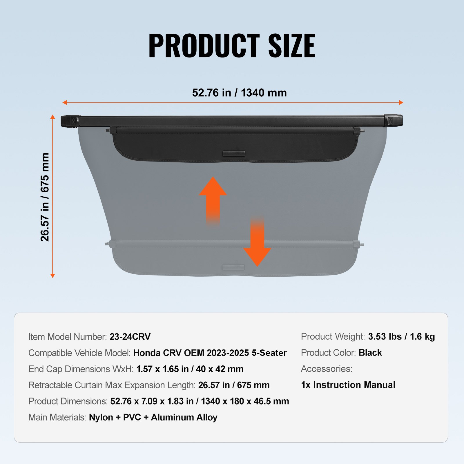 VEVOR Retractable Cargo Cover for Honda, Upgraded Waterproof Trunk Cover Security Shield Shade for Honda CRV 2023-2025 5-Seater, UV Resistant Rear Trunk Cover with Aluminum Alloy & PVC Leather Texture