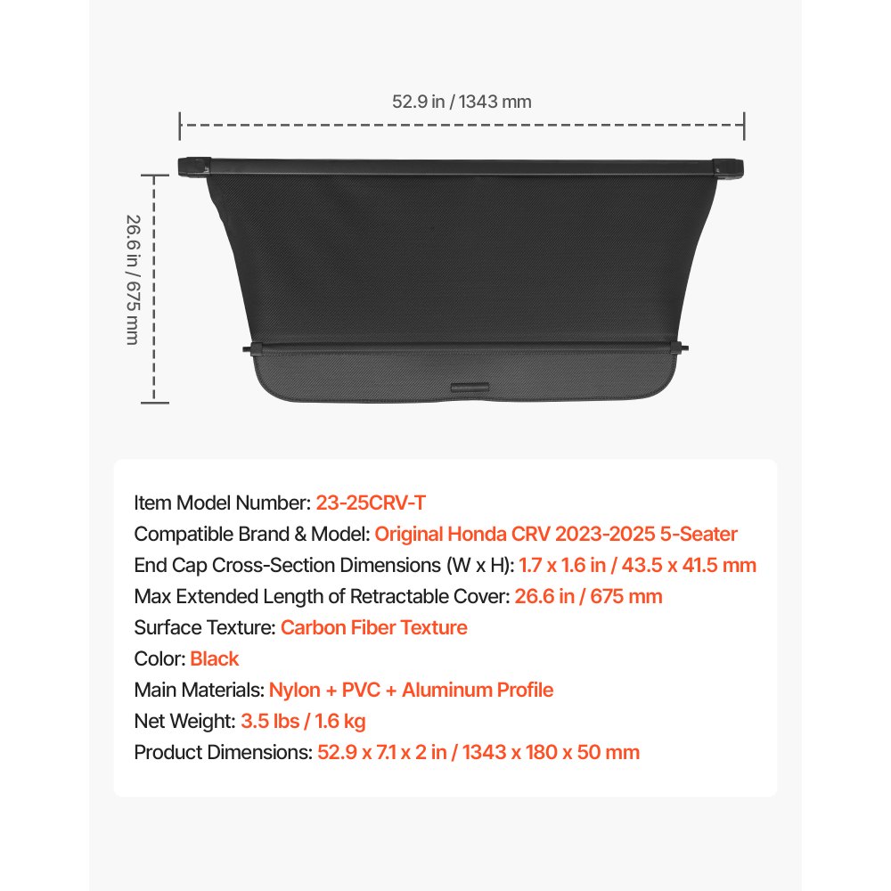VEVOR Retractable Cargo Cover, Upgraded Carbon Fiber Texture Trunk Cover, Anti-Peeping Luggage Privacy Shield, Easy Installation Security Shade Car Accessories, for Honda CRV 2023-2025 5-Seater
