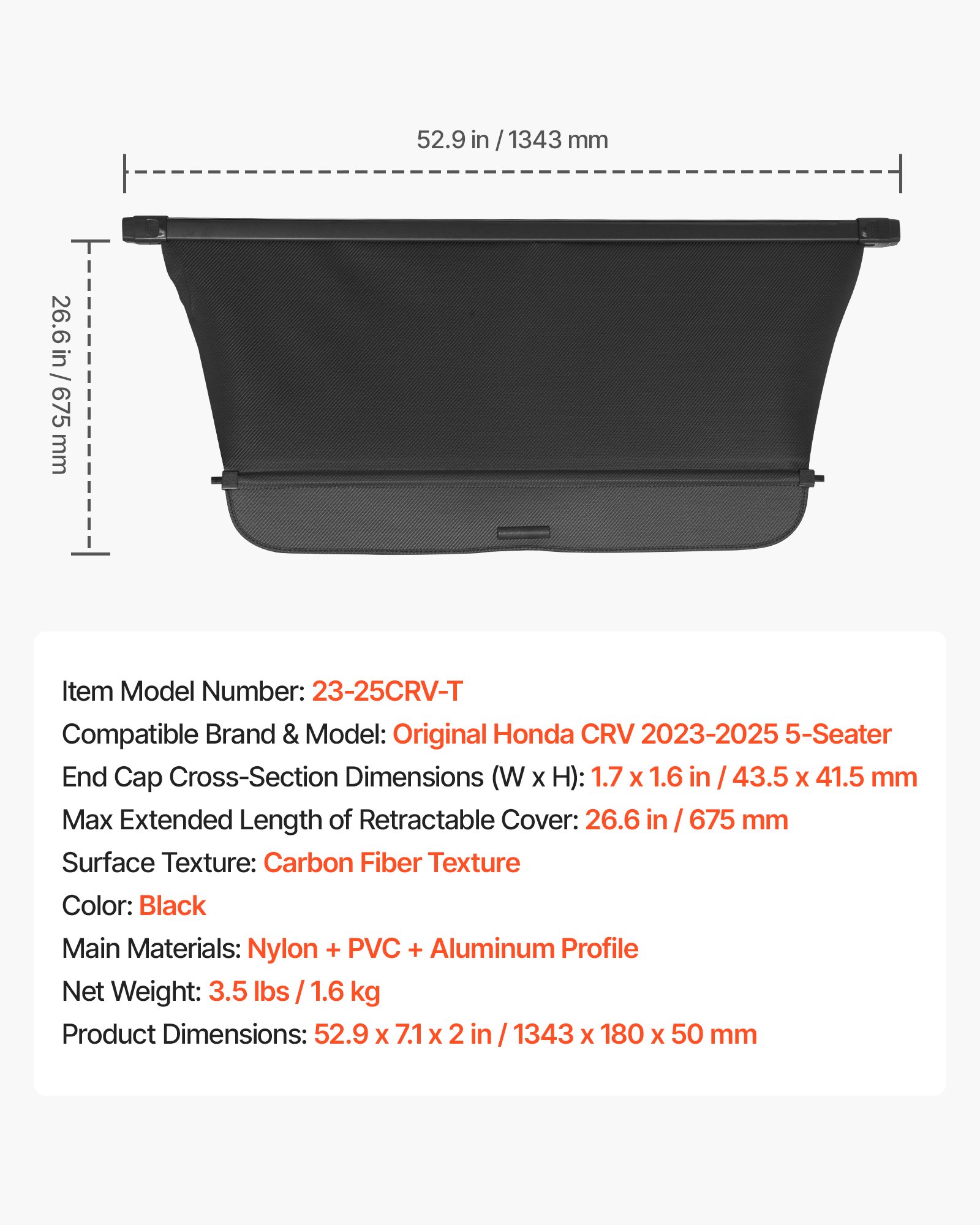 VEVOR Retractable Cargo Cover, Upgraded Carbon Fiber Texture Trunk Cover, Anti-Peeping Luggage Privacy Shield, Easy Installation Security Shade Car Accessories, for Honda CRV 2023-2025 5-Seater