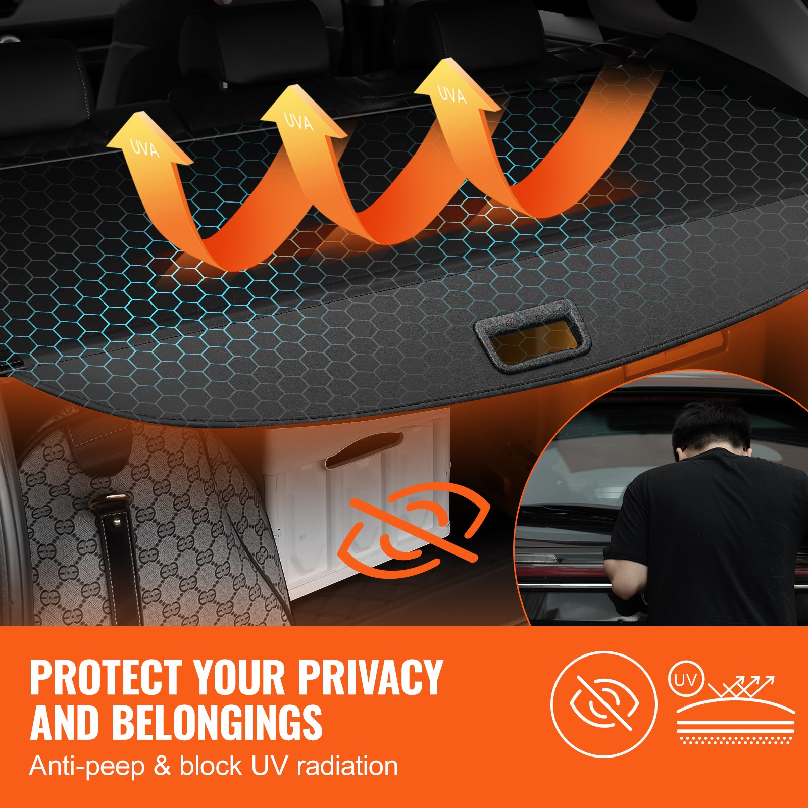 VEVOR Retractable Cargo Cover for Chevrolet, Waterproof Trunk Cover Security Shield Shade for GMC Terrain + Chevrolet Equinox 2018-2024 5-Seater, Rear Trunk Cover, Aluminum Alloy & PVC Leather Texture