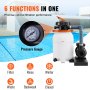 VEVOR sand filter pump beside pool highlighting pressure gauge and six functions: filter, rinse, winter, waste, backwash, closed.