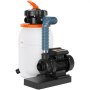 white and black VEVOR sand filter pump with an orange handle and blue hose.