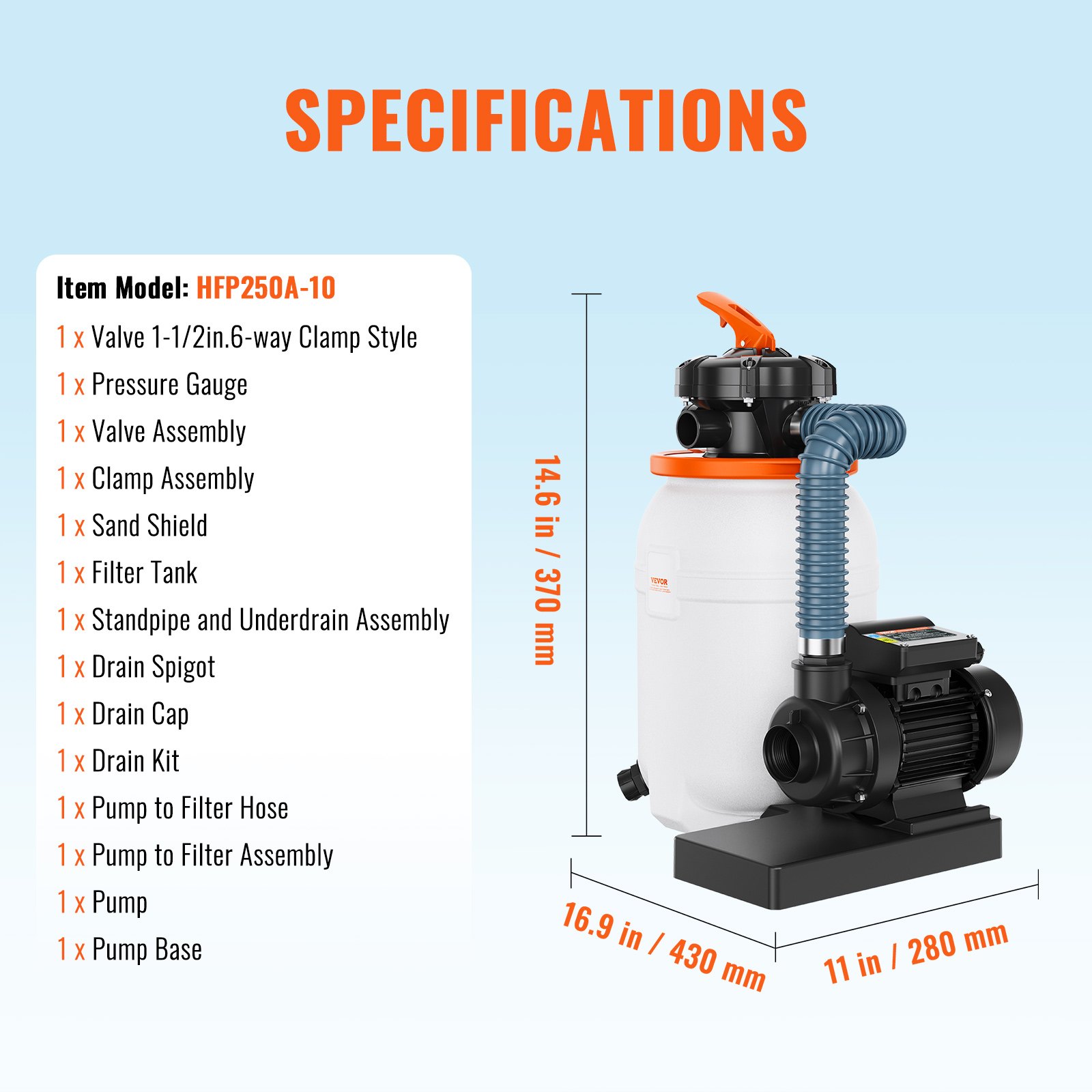 VEVOR Sand Filter Pump for Above Ground Pools, 10-inch, 1585 GPH, 0.33 HP Swimming Pool Pumps System & Filters Combo Set with 6-Way Multi-Port Valve & Pressure Gauge, for Domestic and Commercial Pools