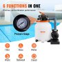 VEVOR sand filter pump with pressure gauge beside a pool, showcasing six functions: filter, rinse, winter, waste, backwash, closed.