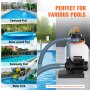 VEVOR sand filter pump for various pools: courtyard, above-ground, community, water park.