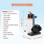 VEVOR sand filter pump with dimensions and components list against a blue background.