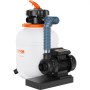 VEVOR sand filter pump with white tank, black pump, and flexible blue hose for pool water filtration.