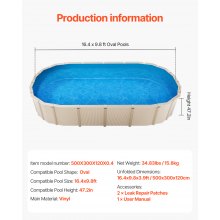 VEVOR Oval Pool Liner 16.4x9.8ft Unibead Style Pool Liner 47in Wall Height