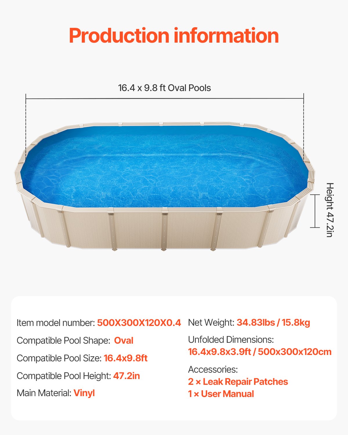VEVOR Oval Pool Liner, 16.4 x 9.8 ft Pool Liner, Uinbead Style, Durable Vinyl Pool Liner, Standard Gauge, 47in Wall Height, Pool Liner Replacement for Steel Sided Above-Ground Swimming Pools