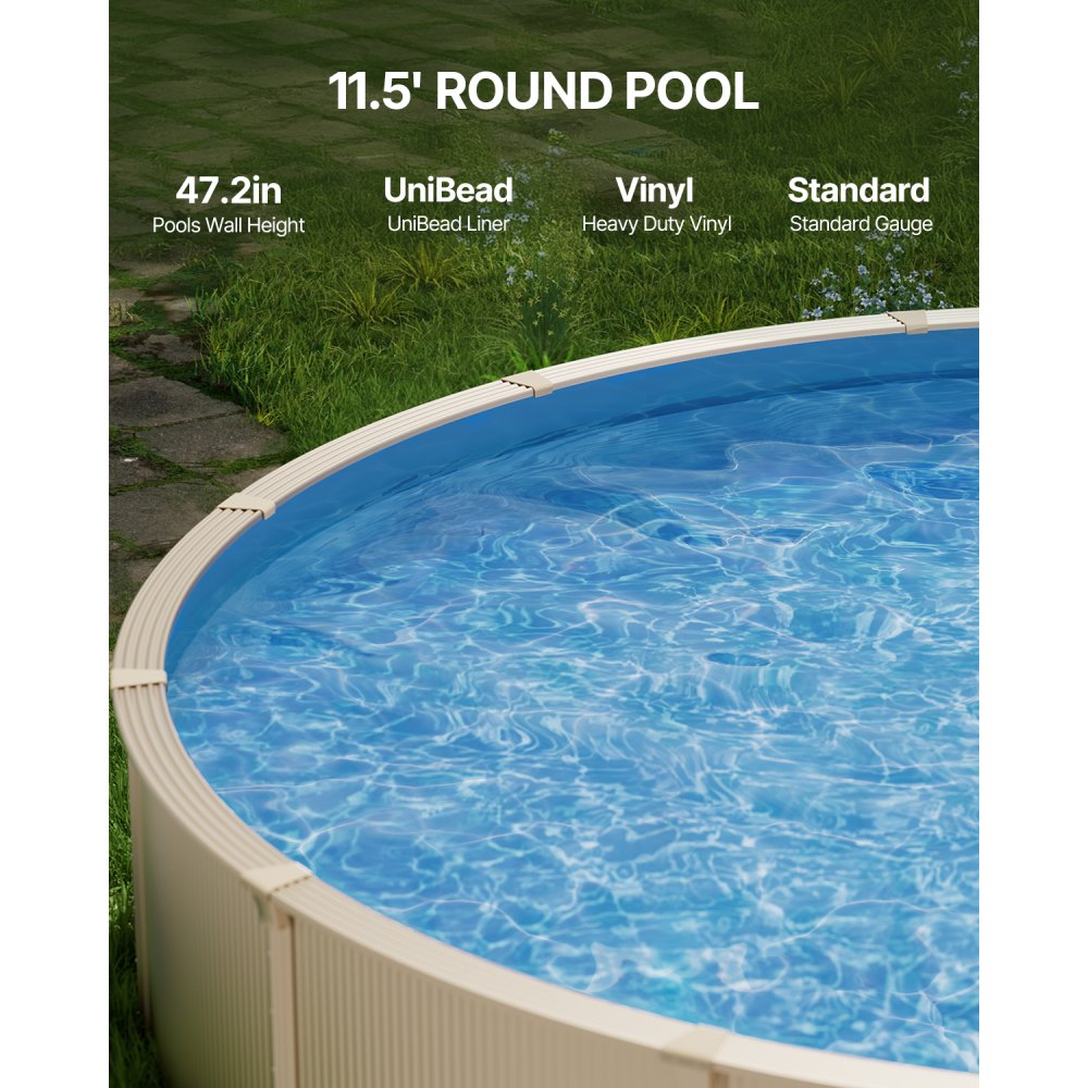 VEVOR Pool Liner, 11.5ft Round Pool Liner, Uinbead Style, Durable Vinyl Pool Liner, Standard Gauge, 47in Wall Height, Pool Liner Replacement for Steel Sided Above-Ground Swimming Pools, Solid Color