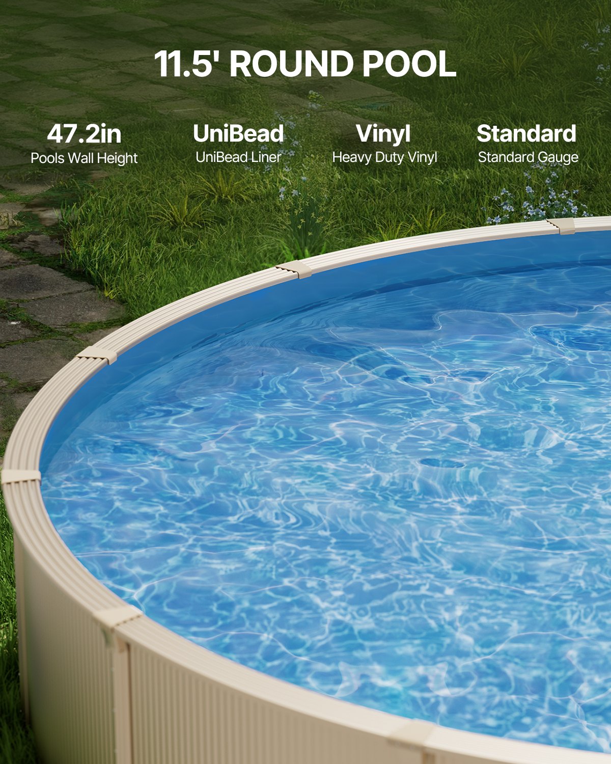 VEVOR Pool Liner, 11.5ft Round Pool Liner, Uinbead Style, Durable Vinyl Pool Liner, Standard Gauge, 47in Wall Height, Pool Liner Replacement for Steel Sided Above-Ground Swimming Pools, Solid Color