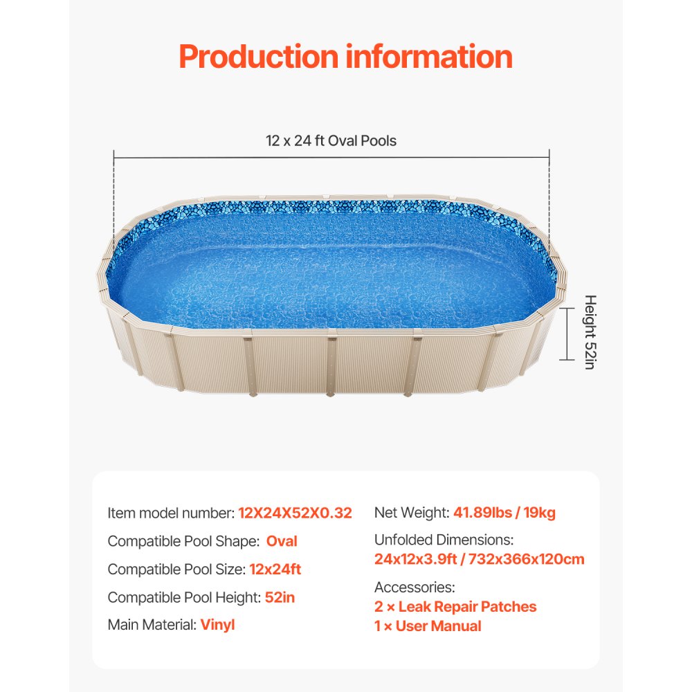 VEVOR 12 x 24 ft Oval Pool Liner, Unibead Above Ground Pool Liners, 52in Wall Height, Durable Standard Gauge Vinyl, Designed for Steel Sided Above-Ground Swimming Pools