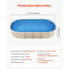 VEVOR Oval Pool Liner 12x24ft Overlap Style Pool Liner 54in Wall Height