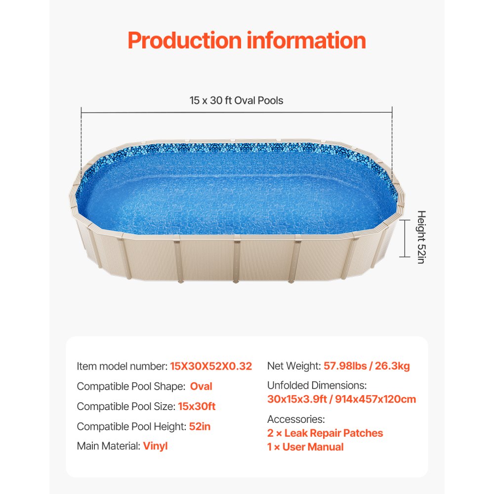 VEVOR 15 x 30 ft Oval Pool Liner, Unibead Above Ground Pool Liners, 52in Wall Height, Durable Standard Gauge Vinyl, Designed for Steel Sided Above-Ground Swimming Pools