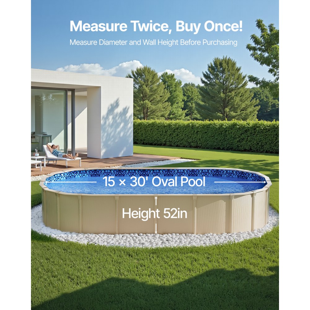 VEVOR 4.6 x 9.1 m Oval Pool Liner, Unibead Above Ground Pool Liners, 52in Wall Height, Durable Standard Gauge Vinyl, Designed for Steel Sided Above-Ground Swimming Pools