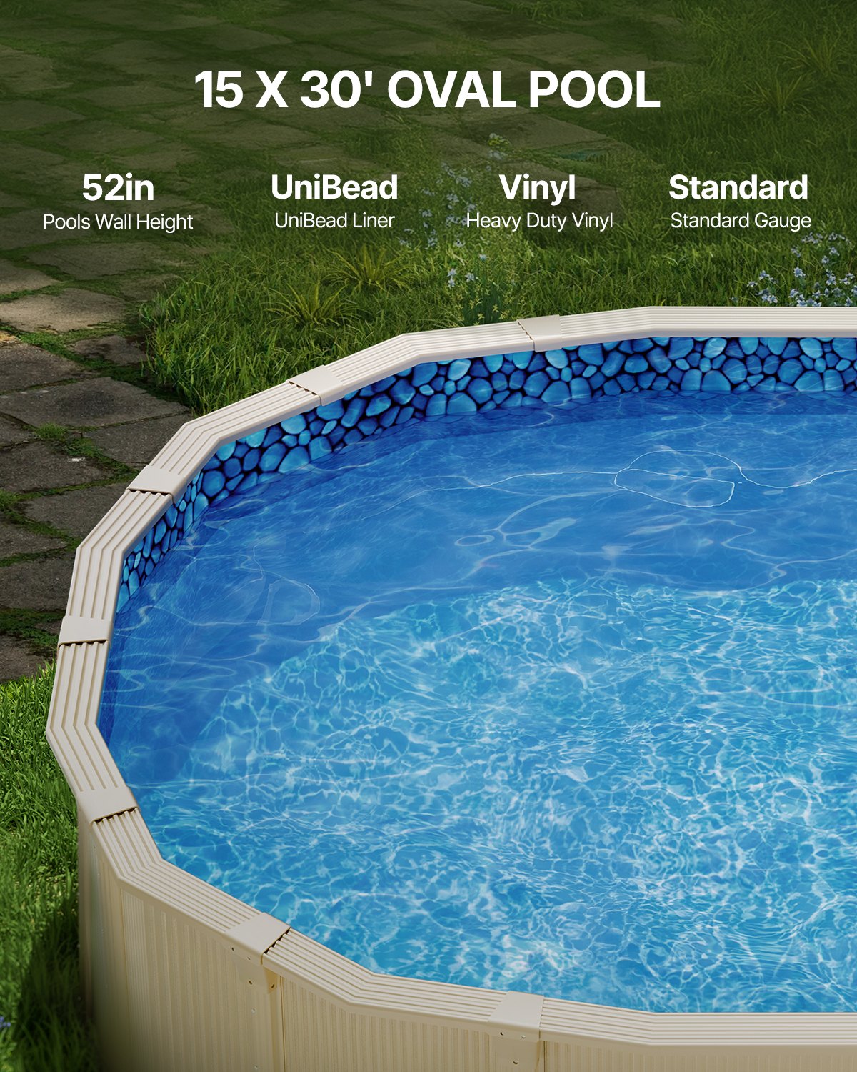 VEVOR 4.6 x 9.1 m Oval Pool Liner, Unibead Above Ground Pool Liners, 52in Wall Height, Durable Standard Gauge Vinyl, Designed for Steel Sided Above-Ground Swimming Pools