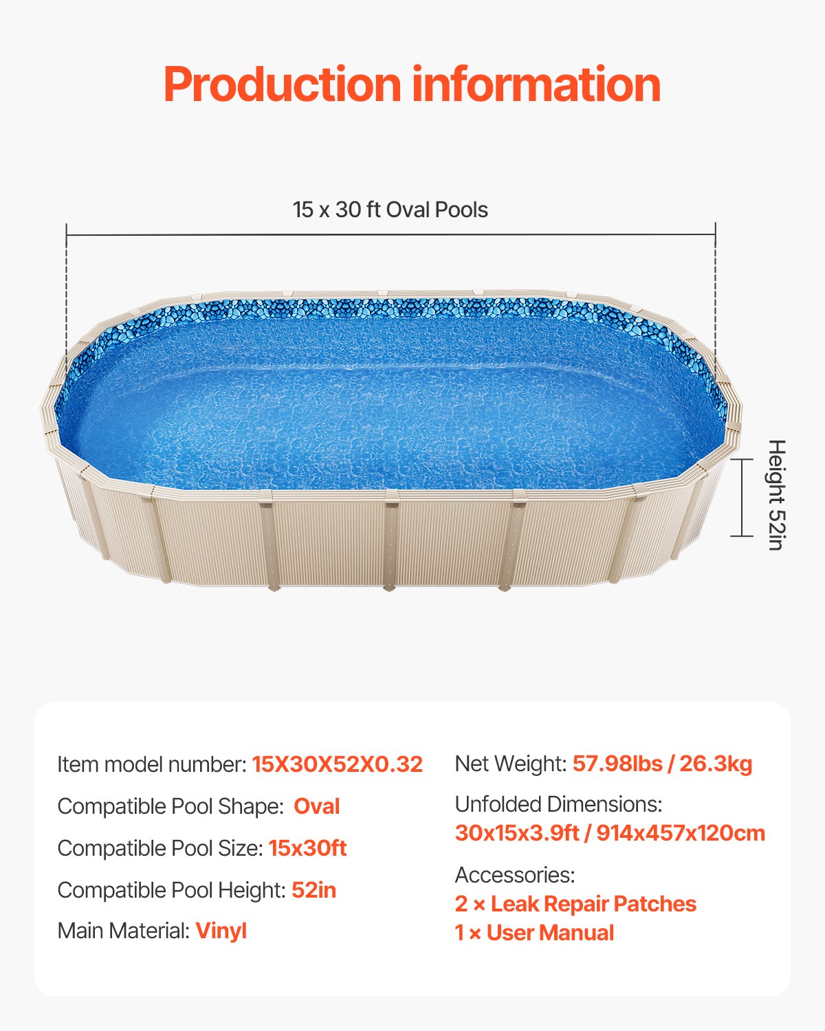 VEVOR 4.6 x 9.1 m Oval Pool Liner, Unibead Above Ground Pool Liners, 52in Wall Height, Durable Standard Gauge Vinyl, Designed for Steel Sided Above-Ground Swimming Pools