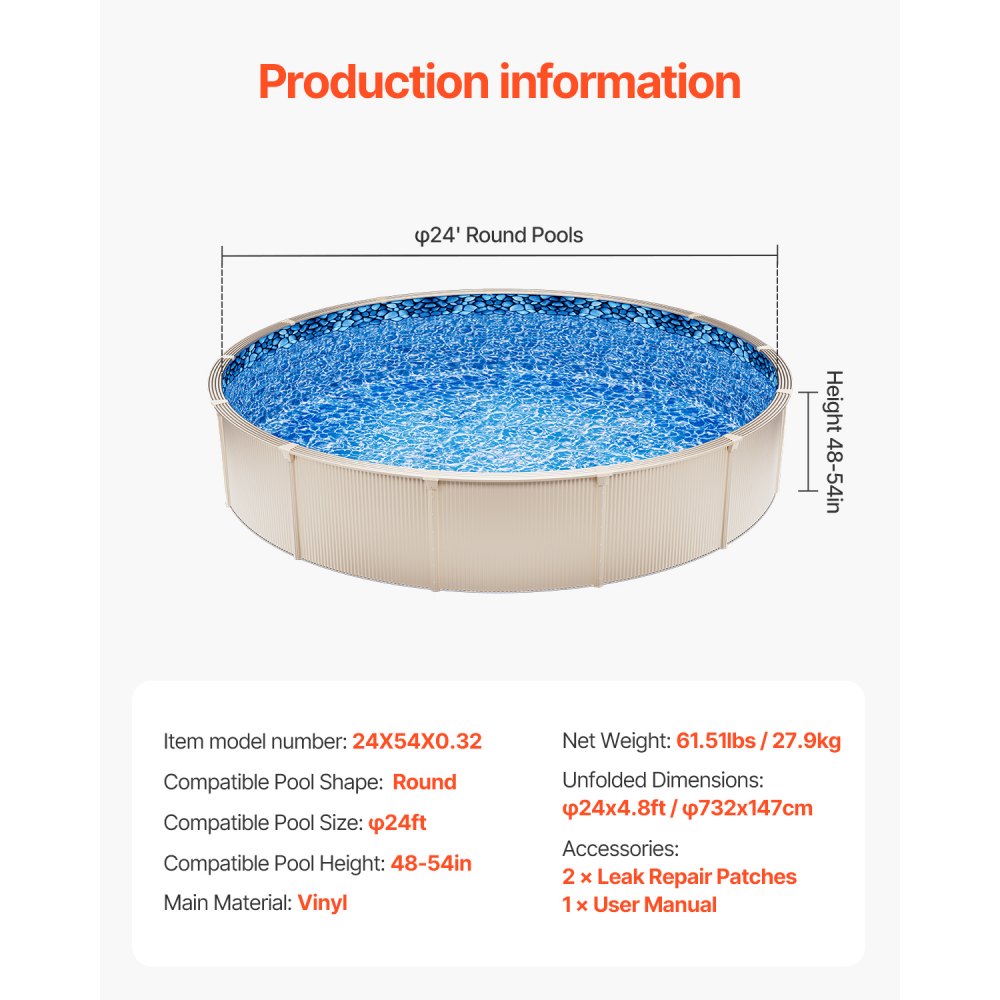 VEVOR 7.3 m Round Above Ground Pool Liner, Overlap Pool Liners, Standard Gauge Vinyl, 1.2-to-1.37m Wall Height, Designed for Steel Sided Above-Ground Swimming Pools